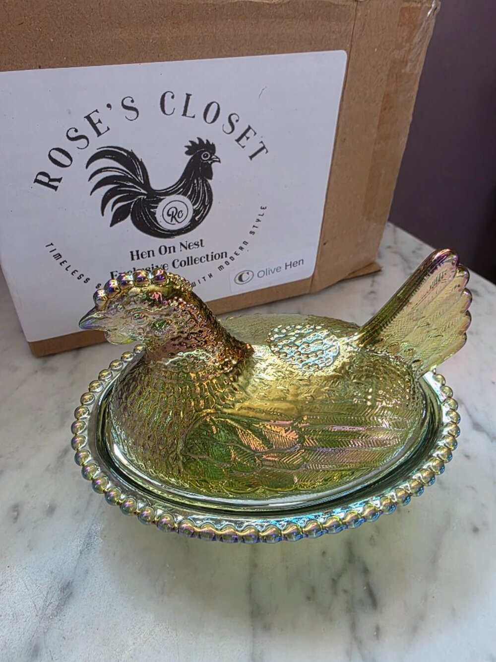 Rose’s Closet Olive Green Hen On Nest NIB Iridescent Glass RC Beaded Rim
